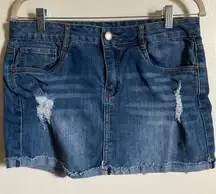 🌞Dollhouse Medium Wash Distressed Ripped Cuffed Raw Hem Mini Skirt
