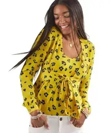 CAbi Sunny Tie-Front Top Yellow/Blue Floral Leopard Print Jacket only*  S NWT
