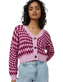 Cotton On Knit Cardigan Fluffy Optical Splice Berry Sz Small Checkered