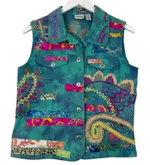 Chico's Embroidered Tie-Dye Denim Vest Size 1 / S Boho Patchwork Artsy Eclectic