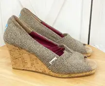 Toms Wedge Heels Herringbone Tweed Peep Toe Cork Brown Tan Size 8