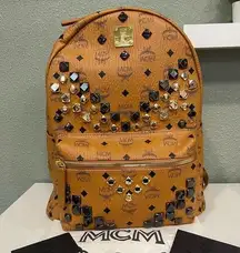 MCM  Medium Stark Visetos Studded Logo Cognac Canvas Backpack