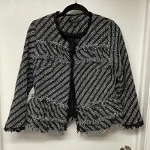 Ann Taylor  Black White Striped Tweed Fringe Jacket Womens Size 8P Petite