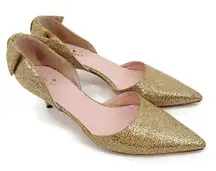 Kate Spade Gold Glitter Kitten Heels Size 8 D’Orsay Pointed Toe Bow Back Italy