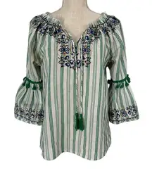 Jade Melody Tam Top‎ Womens M Green Embroidery Stripe Tassel Boho Anthro Peasant
