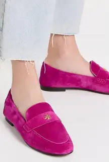 Tory Burch  Double T Classic Suede Ballet Loafers in Fushia Size 8 M EUC