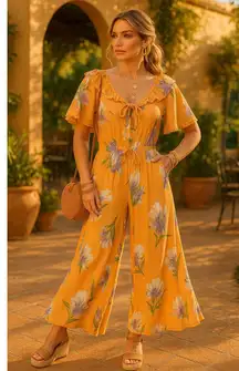 Gigio Karina Mango Flutter Sleeve Floral Lilies Wide Leg Jumpsuit Coral Sz