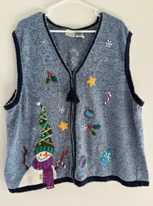 White Stag Christmas‎ Vest Womens Size 26W Blue Holiday Snowman Festive Vintage