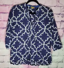 ROBERTA ROLLER RABBIT NAVY WHITE ABSTRACT PRINTED LIGHTWEIGHT POPOVER BLOUSE L
