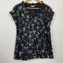 J. Jill Hummingbird Print V Neck Ruffle Top Size Small