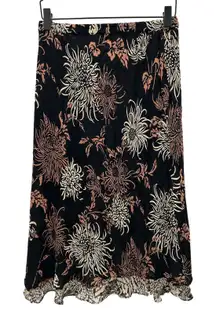 Womens Size Small Reversible Floral Print Midi Skirt Black Tan Ruffle Hem Rayon