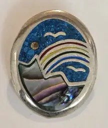 Rainbow Mountain Necklace Vintage Pendant Turquoise Inlaid Abalone Silver