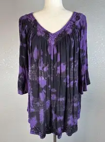 Sacred Threads Womens Tunic Top One Size Purple Black Tie Dye Beaded Sequins