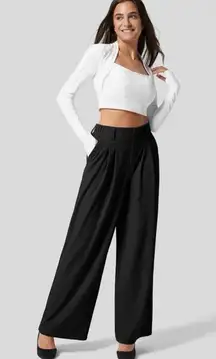 Halara High Waisted Plicated Side Pocket Wide Leg Waffle Work Pants in black