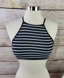 Aerie High Neck Crop Striped‎ Black White Halter Tie Swim Bikini Top Size Small
