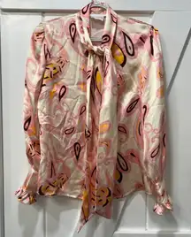 Julie Brown NYC Womens Blouse Small Funky Hippie Disco Bow Tie Flare Pink Orange