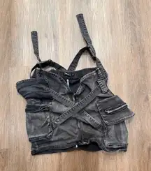MICAS Black Denim Cargo Utility Suspender Crop Top Vest Women's Size M