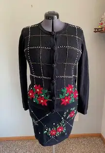 christmas sweater Vintage cardigan skirt set embroidered beaded