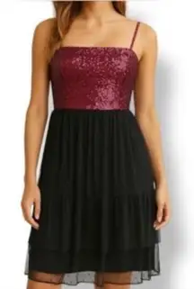 DRESS THE POPULATION Kady Dress Womens Size S Merlot Red Sequin Midi Tulle Dot