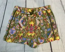 Zara Boho Printed Green Drawstring Shorts Small Multicolor Festival Vibe
