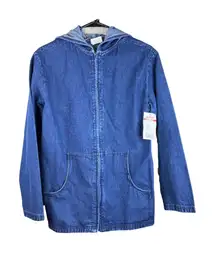 Chic Size Medium Denim Zipper Front Hoodie with Pockets & 3” side slit V…