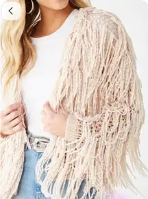 Shaggy bohemian fringe open front cream oversized cardigan sweater bold hippy S