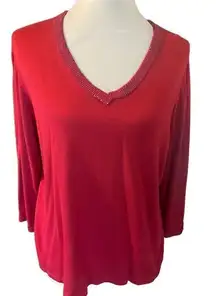 Requirements Red V-Neck Sequined Long Sleeve Lightweight Sweater Size XL