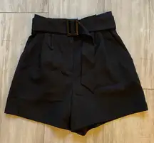 Leith Black Paper Bag Top Belted 4” Pleated High Waist Shorts with Pockets, XS