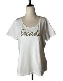Escada Shirt Women XL White Sequin Logo Short Sleeve Round Neck Tee Luxury