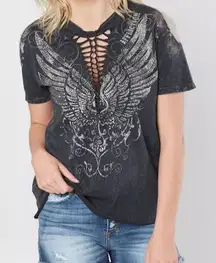 Affliction S Rhinestone Wing Bleach Wash Graphic Tee‎ Bikercore Grunge Moto Punk
