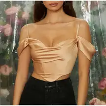 NWT oh Polly breathless Off The Shoulder Cowl Neck Corset Crop Top In Beige