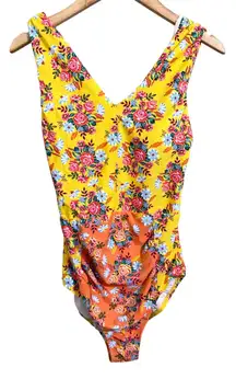 Secret Admirer Swimsuit Yellow Floral Print V Neck One Piece Size Medium