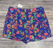 J Crew Factory Blue Linen Blend Woven Pleated High Rise Floral Print Shorts