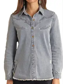 Rock & Roll Cowgirl denim‎ Button Down Shirt raw hem XXL