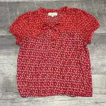 Loft Flocking Bird Print Tie Neck Blouse Womens L Coral Red Puff Sleeve Top