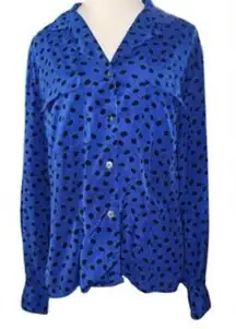 Christian Dior Chemises Vtg 80s Blue Black Polka Dot Button Down Blouse Size 10