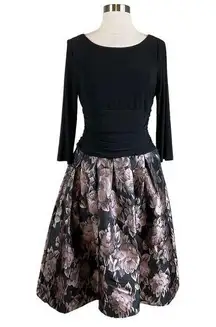 SLNY Women's Cocktail Dress Size 8 Black and Pink Floral Midi Fit and Flare