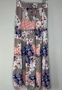 Womens Patchwork Blue White and Pink Tiered Maxi Skirt Size Small Boho Hippie