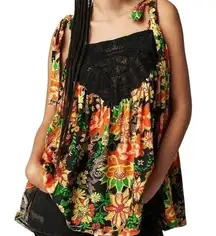 Free People  Bali Moroccan Flowers Black Colorful Tie Strap Tank Top XS