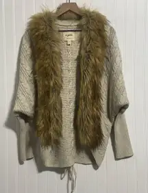 a.gain S/M Faux Fur Collar Wool Knit Cardigan Mob Wife Lace Up Dolman Sweater