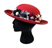 Peru Felted Wool Hat Felt Flowers Red Women Wide Brim Size Large Travel Cat Lady