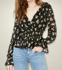 Crave Fame Blouse Peplum Hem‎ Long Sleeves Floral Print Black/Yellow/White W XL