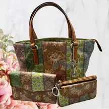 Fossil Leather Bag & Wallet Set Floral Boho EUC