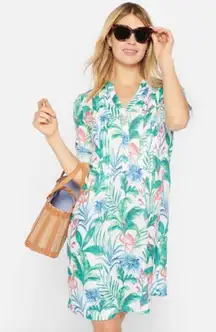 J McLaughlin Riviera Linen dress Flamingo Palm Linen Pleated V Neck Dress M