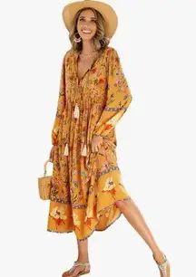 R. Vivimos caramel-colored floral boho dress