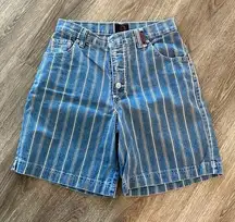 90s vintage Sasson high rise long denim shorts striped blue tan 0 to 2