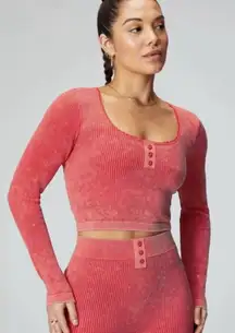 Fabletics Top Size Small Red Henley Crop Long Sleeve Ribbed Y2K Style Babydoll