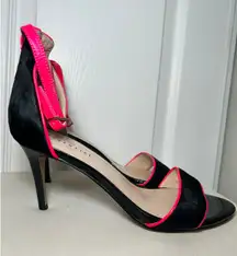 ESSENTIEL Antwerp Heels Sandals Black Pony Hair Neon‎ Pink Trim Ankle Strap 9.5