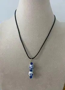 Handmade Blue and white floral ceramic bead pendant necklace