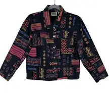 Chico's Funky Colorful Design Beaded Collared Button Up Cotton Jean Jacket M